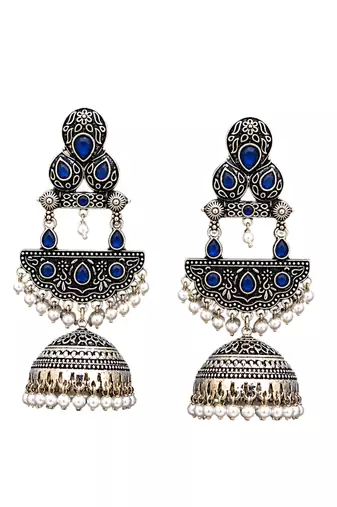 German silver crescent navy blue long dome jhumka earrings