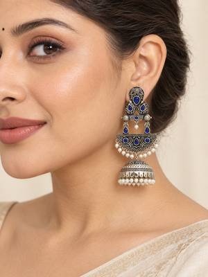 German silver crescent navy blue long dome jhumka earrings 5