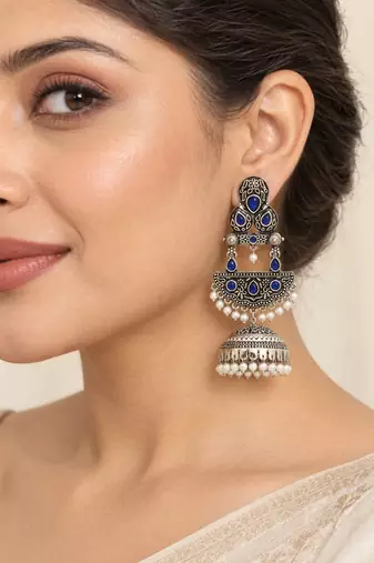 German silver crescent navy blue long dome jhumka earrings
