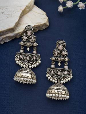 German silver crescent pink long dome jhumka earrings 1