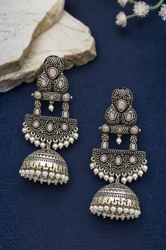 German silver crescent pink long dome jhumka earrings