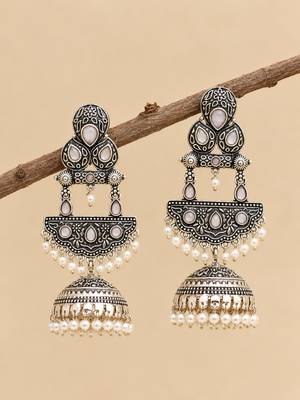 German silver crescent pink long dome jhumka earrings 2