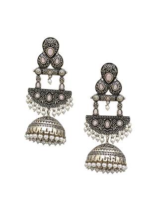 German silver crescent pink long dome jhumka earrings 4