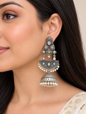 German silver crescent pink long dome jhumka earrings 5