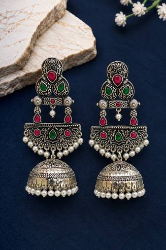 German silver crescent red green long dome jhumka earrings