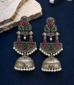 German silver crescent red green long dome jhumka earrings
