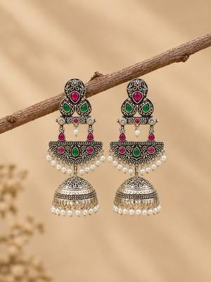 German silver crescent red green long dome jhumka earrings 2