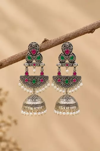 German silver crescent red green long dome jhumka earrings