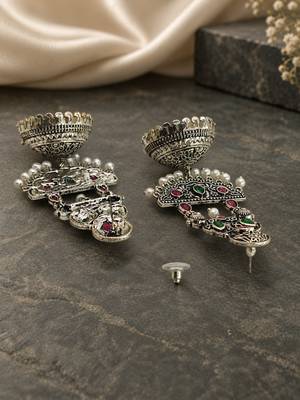 German silver crescent red green long dome jhumka earrings 3