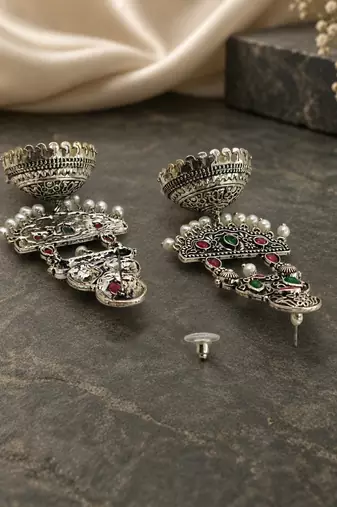 German silver crescent red green long dome jhumka earrings