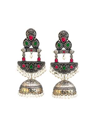 German silver crescent red green long dome jhumka earrings 4