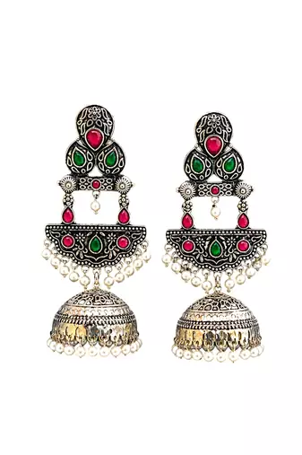 German silver crescent red green long dome jhumka earrings