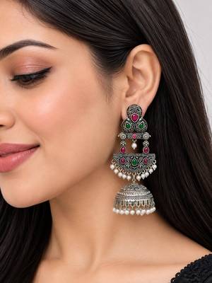 German silver crescent red green long dome jhumka earrings 5