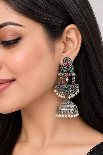 German silver crescent red green long dome jhumka earrings