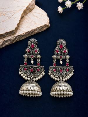 German silver crescent red reby long dome jhumka earrings 1