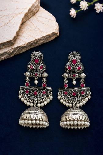 German silver crescent red reby long dome jhumka earrings
