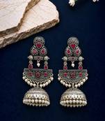 German silver crescent red reby long dome jhumka earrings