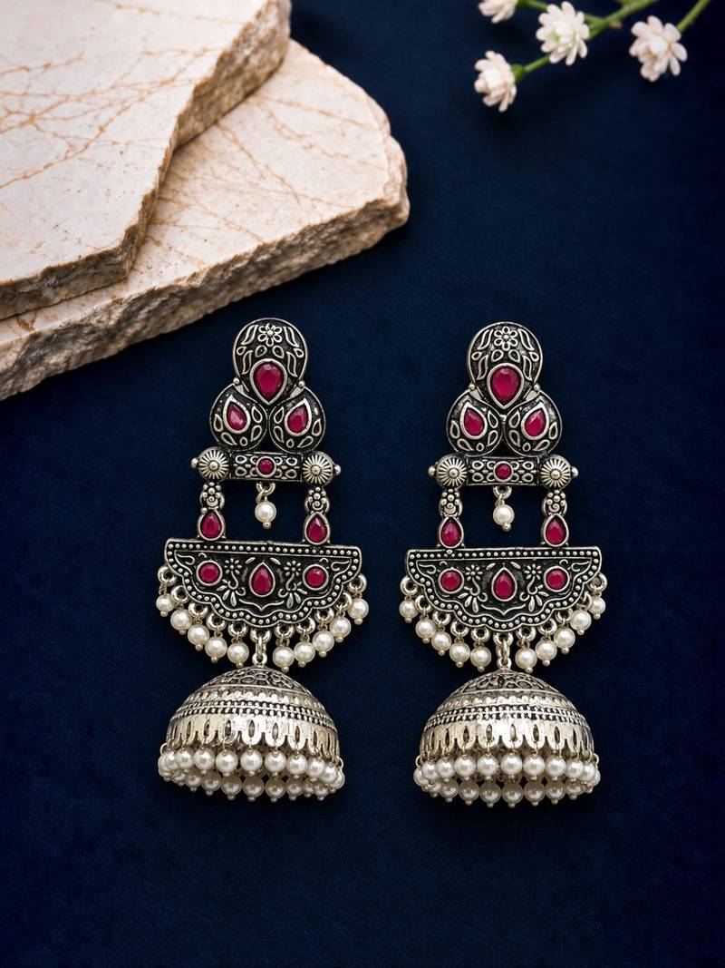 German silver crescent red reby long dome jhumka earrings
