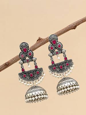 German silver crescent red reby long dome jhumka earrings 2