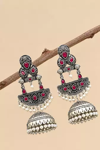 German silver crescent red reby long dome jhumka earrings