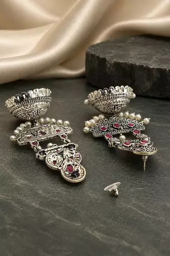German silver crescent red reby long dome jhumka earrings
