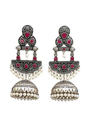 German silver crescent red reby long dome jhumka earrings 4