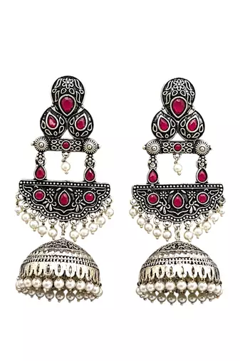 German silver crescent red reby long dome jhumka earrings