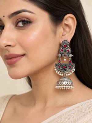 German silver crescent red reby long dome jhumka earrings 5