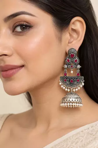 German silver crescent red reby long dome jhumka earrings
