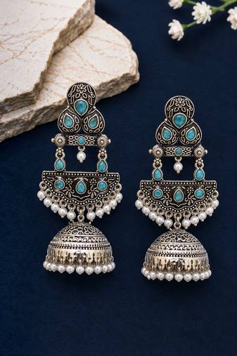 German silver crescent sky blue long dome jhumka earrings
