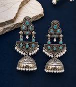 German silver crescent sky blue long dome jhumka earrings