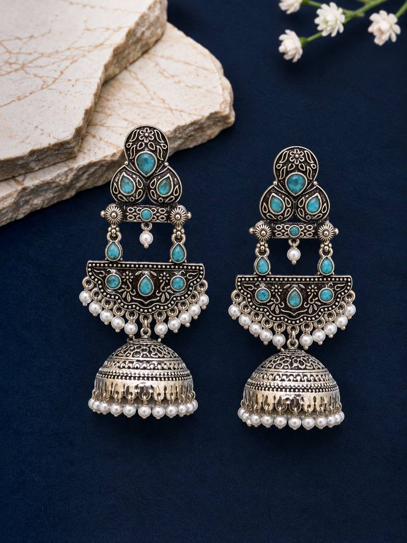 German silver crescent sky blue long dome jhumka earrings