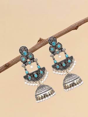 German silver crescent sky blue long dome jhumka earrings 2
