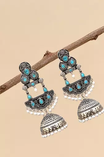 German silver crescent sky blue long dome jhumka earrings
