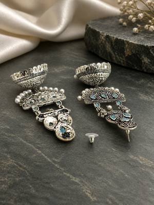 German silver crescent sky blue long dome jhumka earrings 3