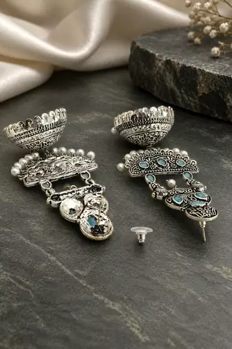 German silver crescent sky blue long dome jhumka earrings