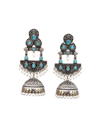 German silver crescent sky blue long dome jhumka earrings 4