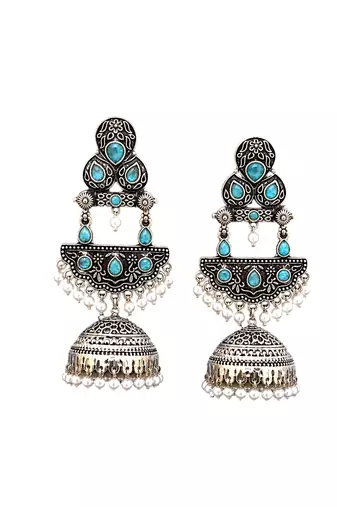German silver crescent sky blue long dome jhumka earrings