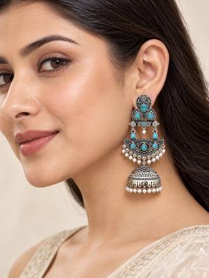 German silver crescent sky blue long dome jhumka earrings 5