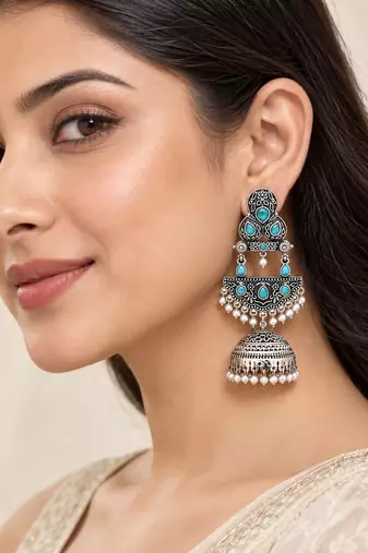 German silver crescent sky blue long dome jhumka earrings