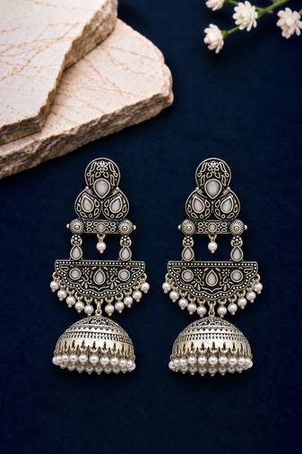 German silver crescent white long dome jhumka earrings