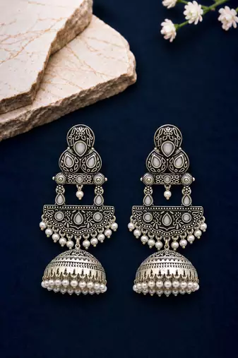 German silver crescent white long dome jhumka earrings