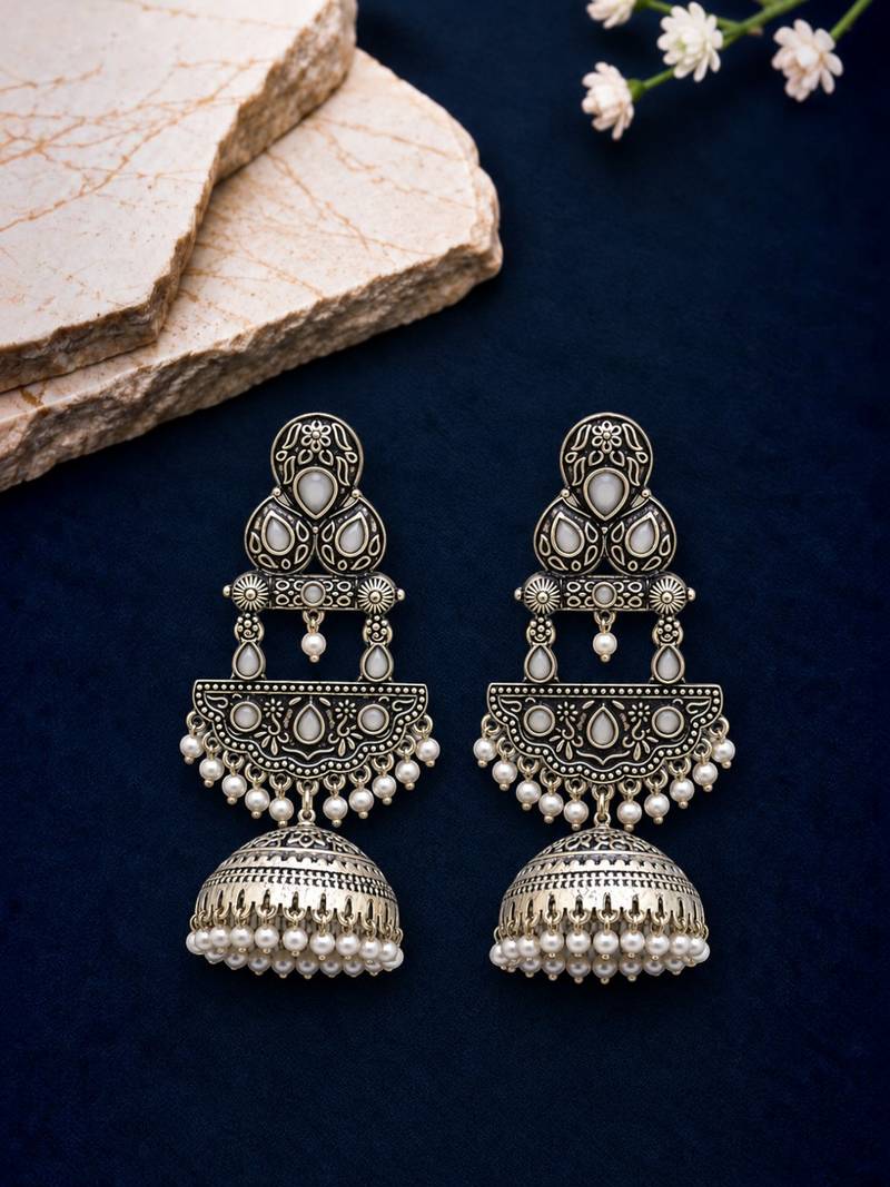 German silver crescent white long dome jhumka earrings
