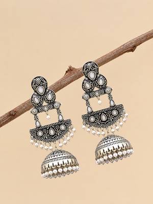 German silver crescent white long dome jhumka earrings 2