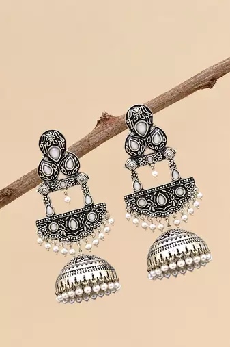 German silver crescent white long dome jhumka earrings