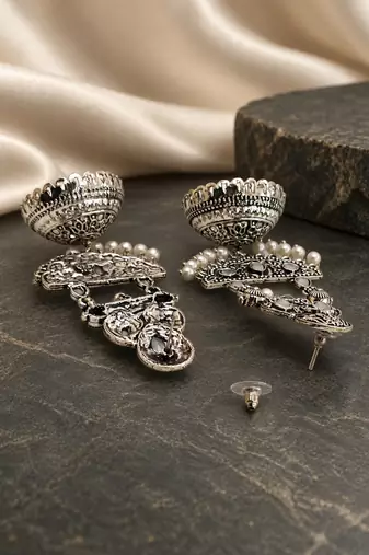 German silver crescent white long dome jhumka earrings