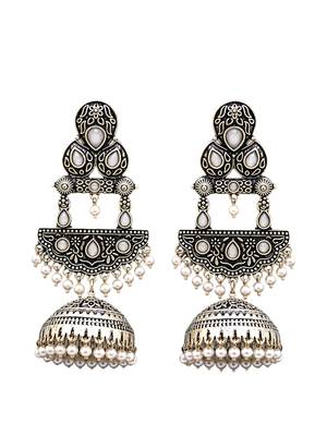 German silver crescent white long dome jhumka earrings 4
