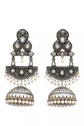German silver crescent white long dome jhumka earrings
