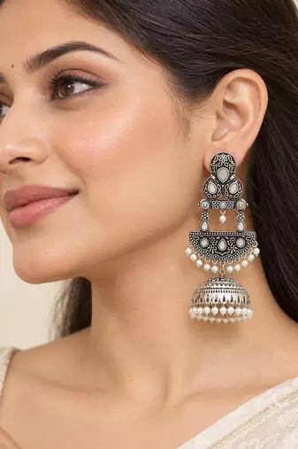 German silver crescent white long dome jhumka earrings