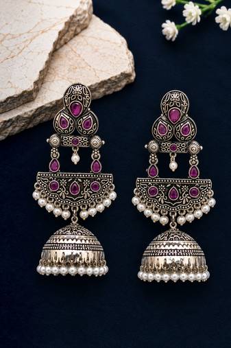 German silver crescent wine long dome jhumka earrings